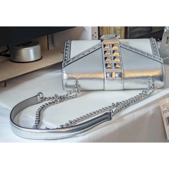 Michael Kors Studded Whitney Bag - Silver, White, Leather,Adjustable Chain Strap - Picture 7 of 14